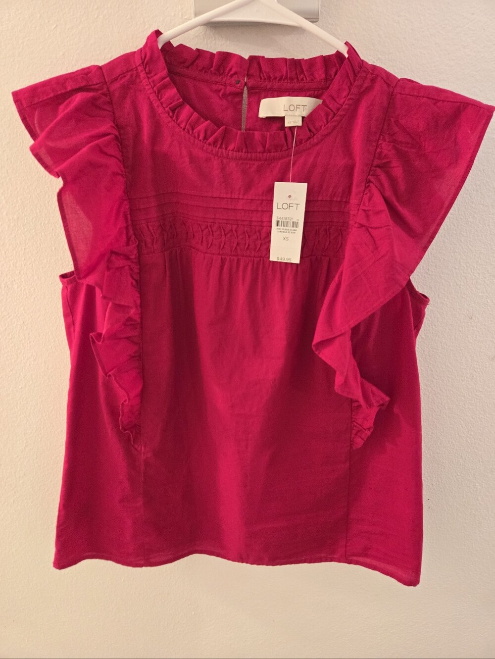NWT LOFT Fuchsia Ruffled Sleeve Smocked Yoke Top
